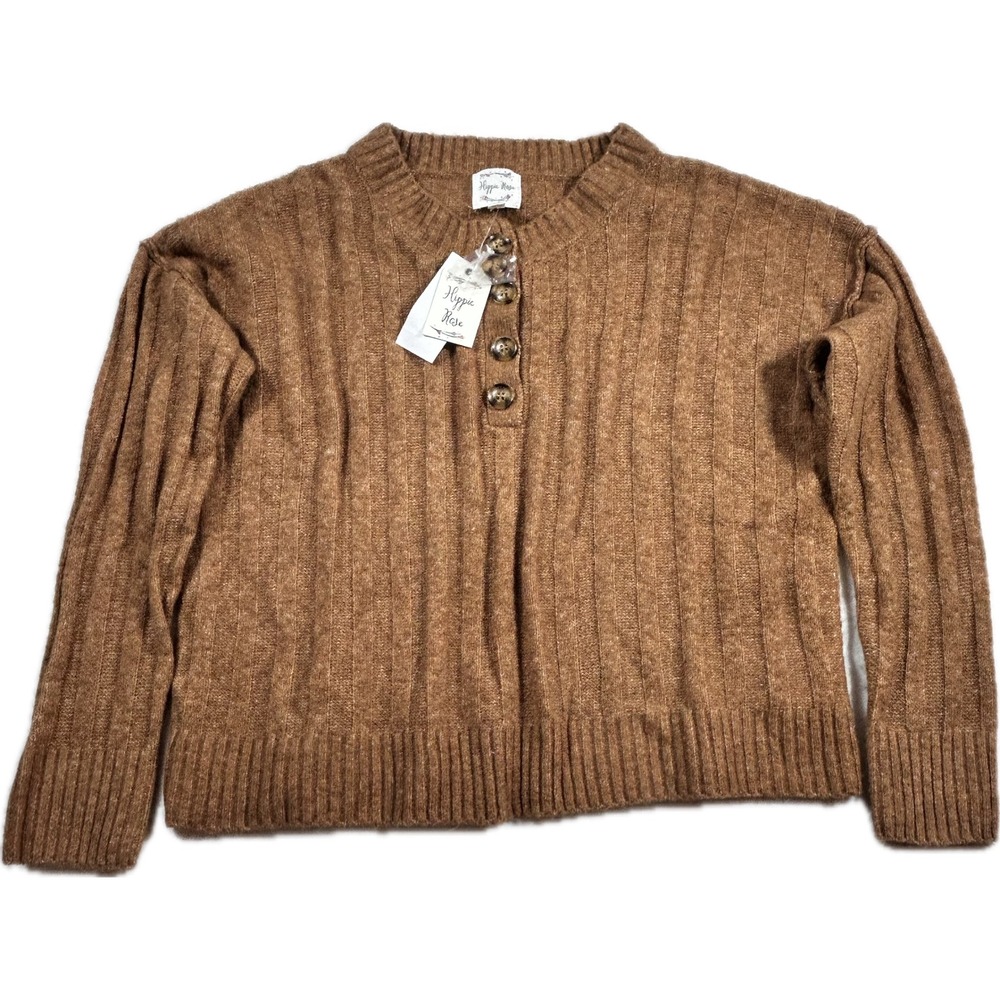 Hippie Rose Sweater Womens M Caramel Brown Ribbed Knit Henley Button Pullover